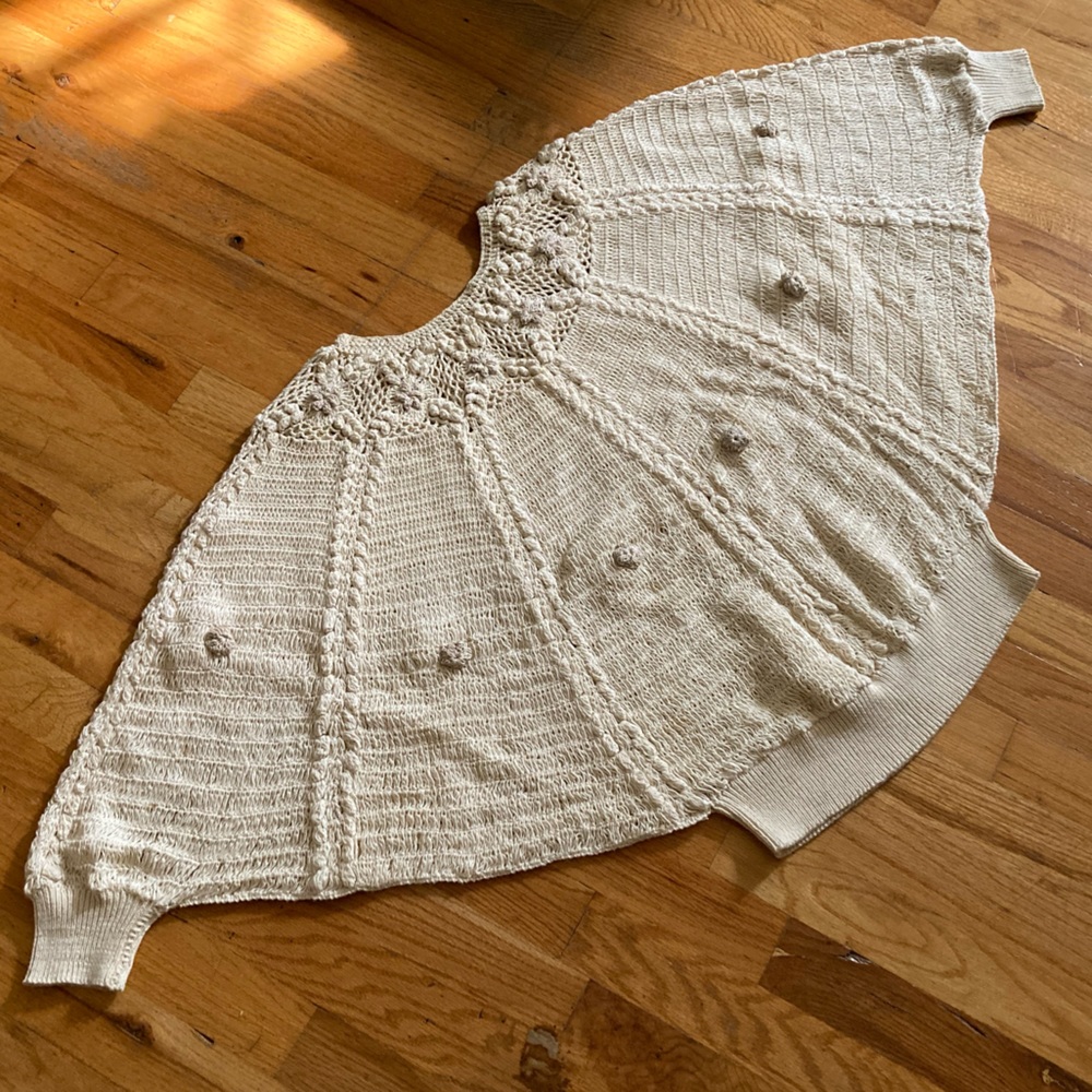 Vintage 1970s Crochet Cotton Batwing Sweater with Floral Details Size Fits Most